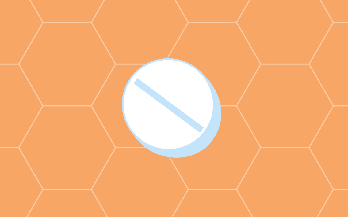 A graphic of a white pill, mifepristone, against an orange patterned background